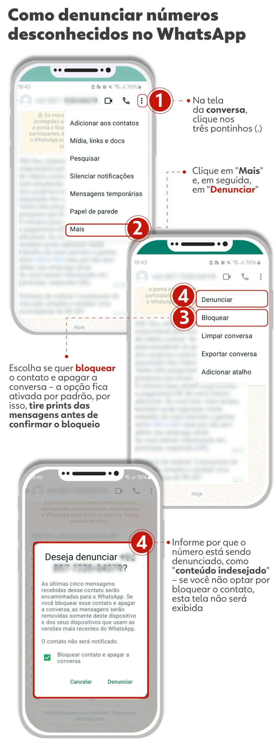 Como denunciar números desconhecidos no WhatsApp — Foto: Arte/g1