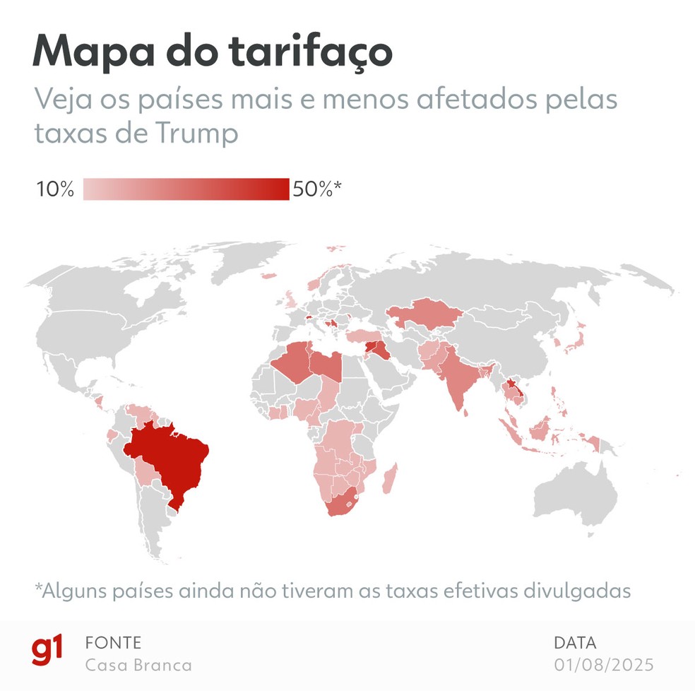 Mapa do tarifaço — Foto: Arte/g1