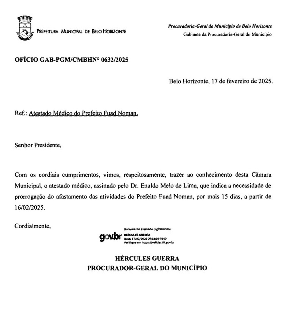 Ofício sobre afastamento do prefeito de Belo Horizonte, Fuad Noman (PSD) — Foto: Reprodução