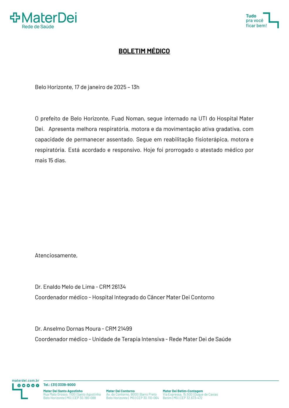 Boletim médico de Fuad Noman, divulgado em 17 de janeiro. — Foto: Reprodução