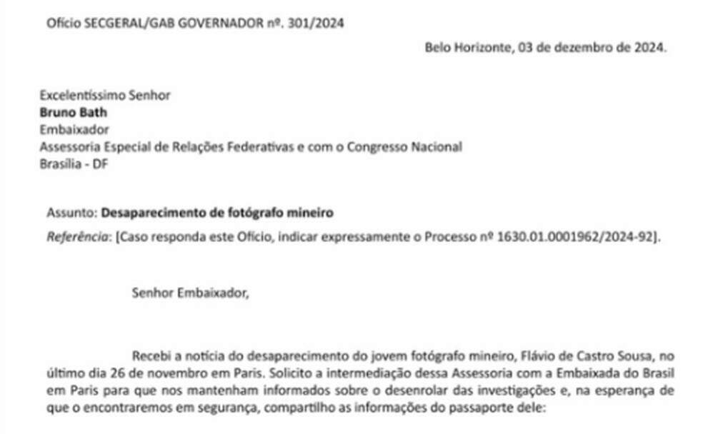 Trecho do ofício enviado pelo governador Romeu Zema ao Itamaraty — Foto: Reprodução