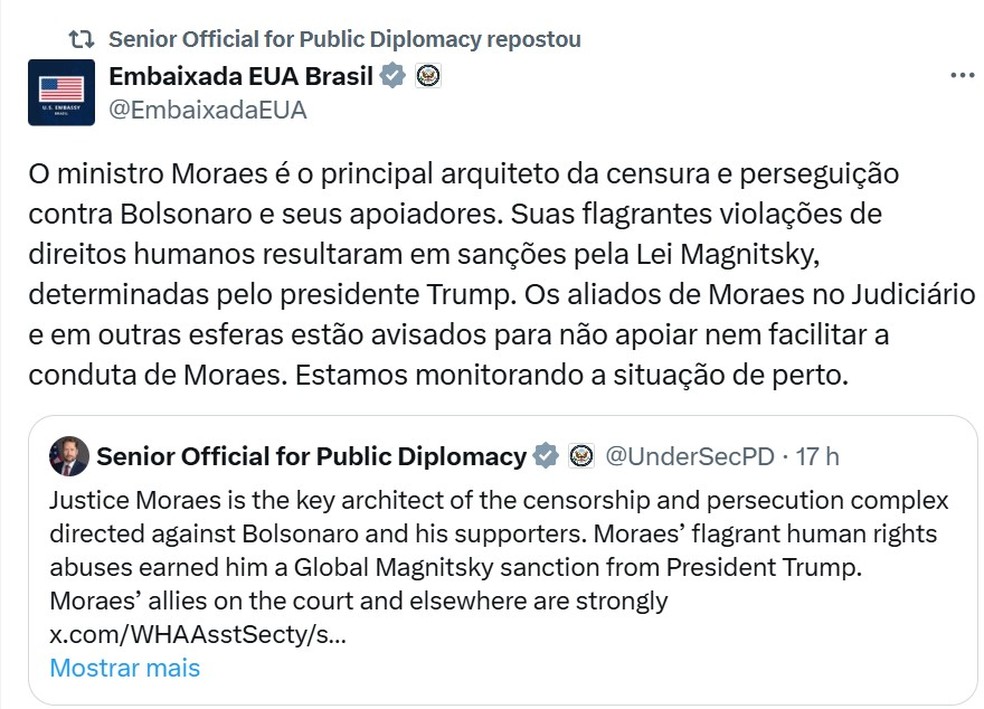 Nota divulgada pela Embaixada dos EUA — Foto: Reprodução de rede social