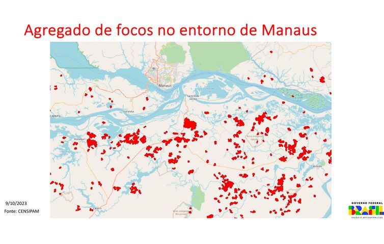 CENSIPAM 13/10/2023, Agregado de foco no entorno de Manaus. Foto: CENSIPAM