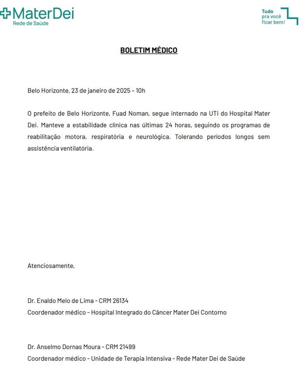 Boletim médico de Fuad Noman (PSD) — Foto: Rede Mater Dei/ Reprodução