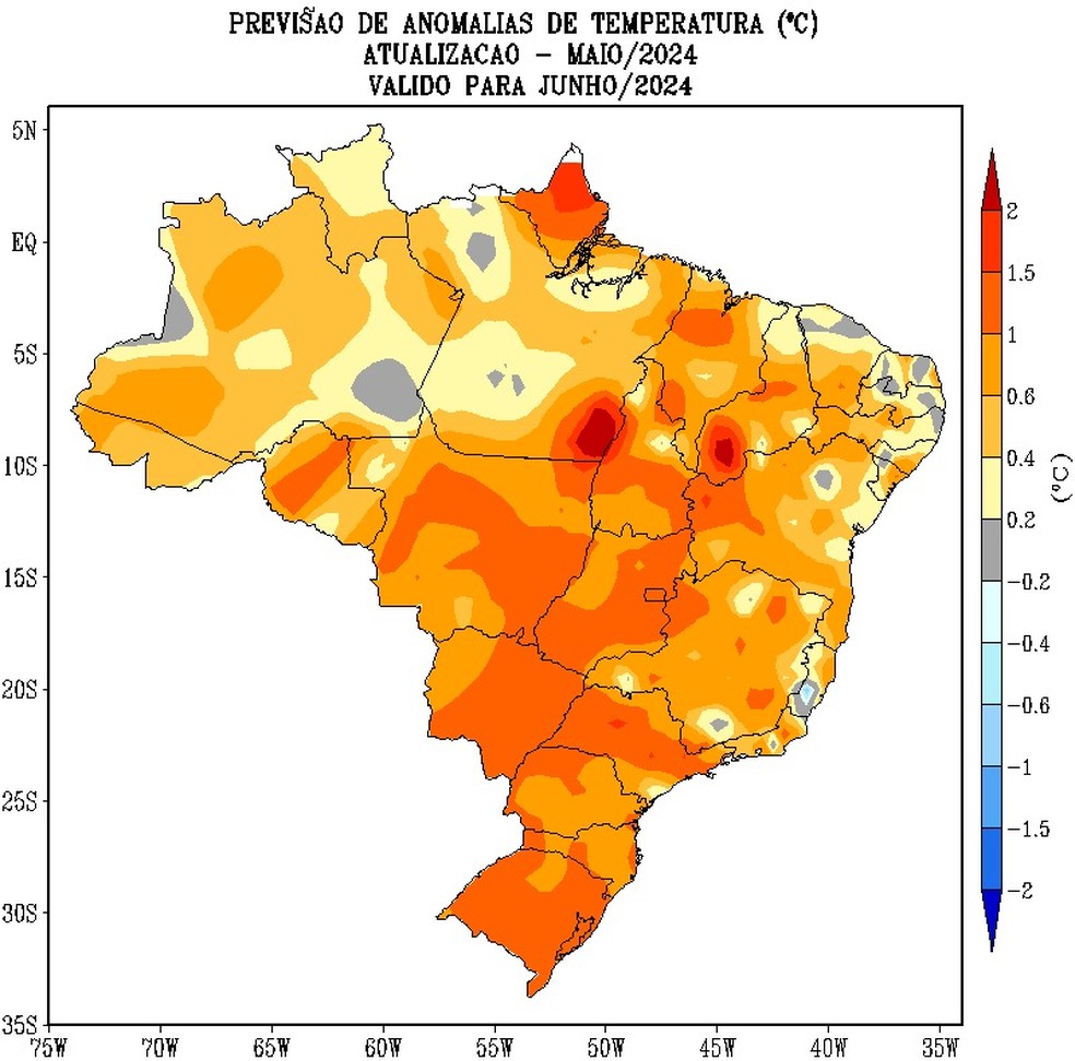 Previsão de anomalias de temperatura para junho de 2024. As áreas em amarelo indicam temperaturas acima da média, enquanto as áreas em cinza representam temperaturas dentro da normalidade e as áreas em azul mostram temperaturas abaixo da média. — Foto: Inmet/Reprodução