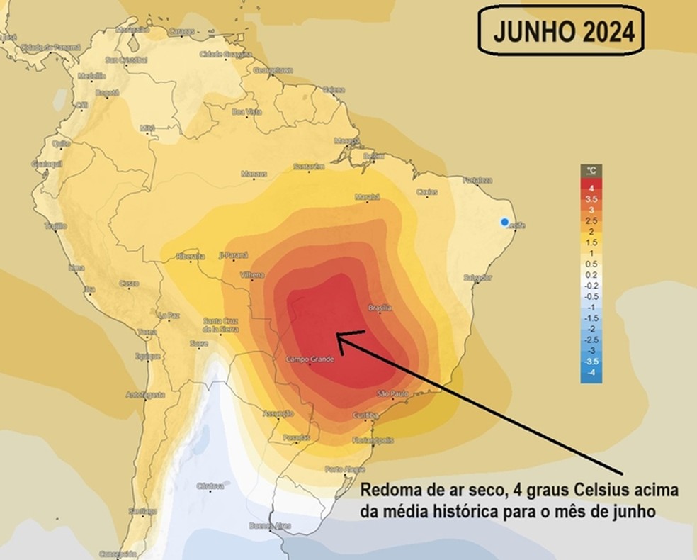 Mapa do Lapis mostra "redoma" de ar seco (ou bloqueio atmosférico) com pelo menos 4ºC acima da média histórica para junho no Centro-Sul. Mês é marcado pelo período de transição entre o outono e o inverno. — Foto: Lapis/Reprodução