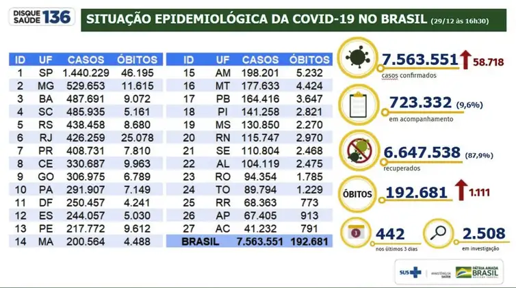 Ministério da Saúde Situação epidemiológica da covid 19 no Brasil /29.12.2020